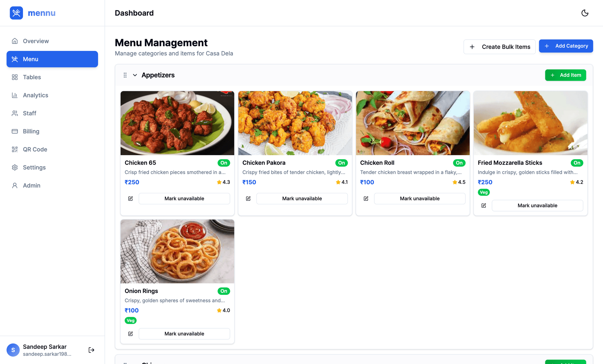 Digital menu interface